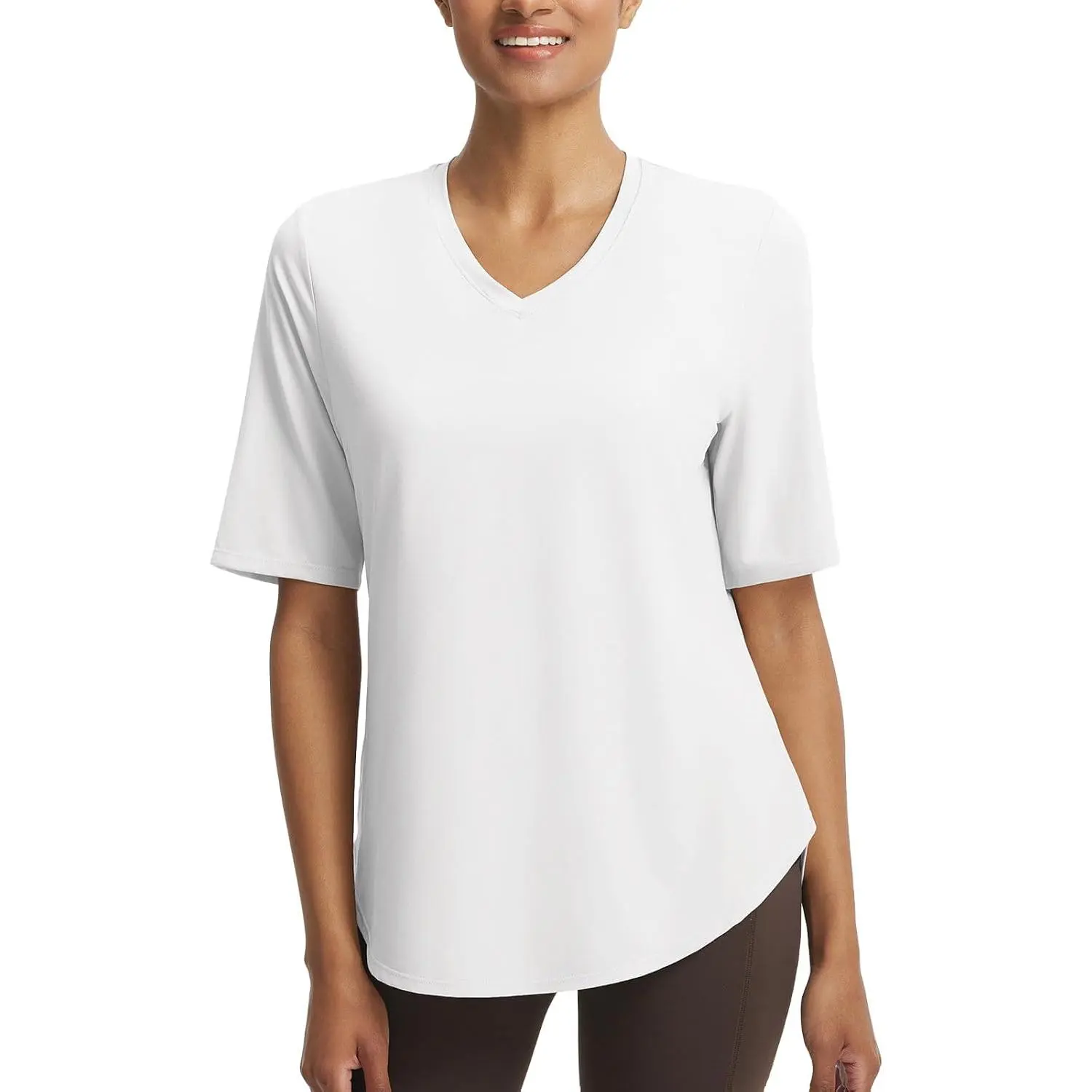 Baleaf Women's V-Neck Half-Sleeve Modest Athleisure Sports T-Shirt - UPF 50+ Sun Protection, Breathable Loose Fit Shirts, Curved Hem Athletic Fitness Top for Yoga, Running, Exercise Activewear, Gym Streetwear