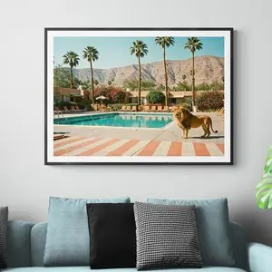 Lion by Pool Print - Palm Springs Retro Fine Art Photography - Desert Hotel Poolside Wall Art - Luxury Animal Wall Decor