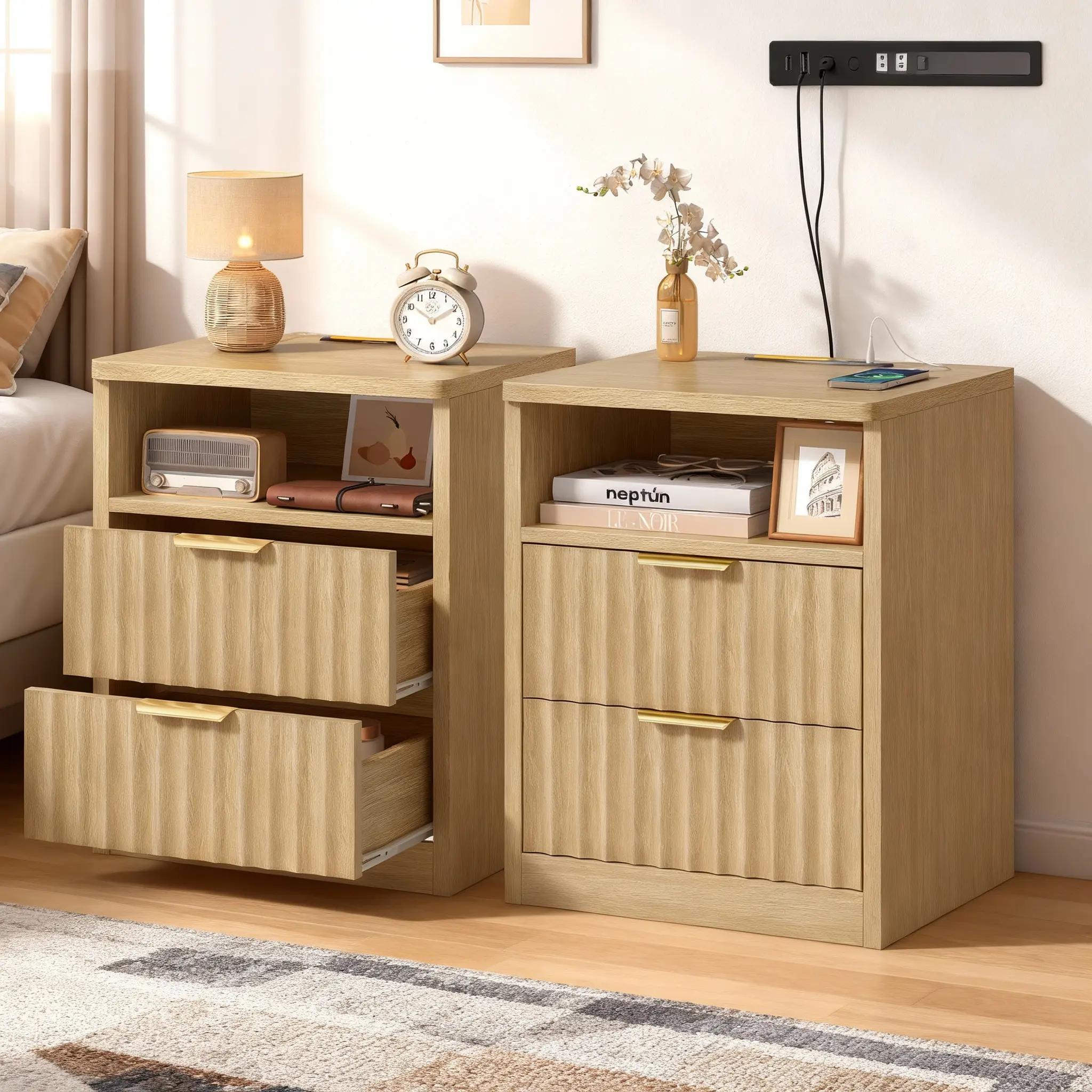 Farmhouse Fluted 2-Piece Nightstand Set - Narrow, Assembled, Cube, Dual-Use Bedside Tables with Charging Station & LED Light, Modern French Country Indoor Furniture for Small Bedrooms, Nightstands