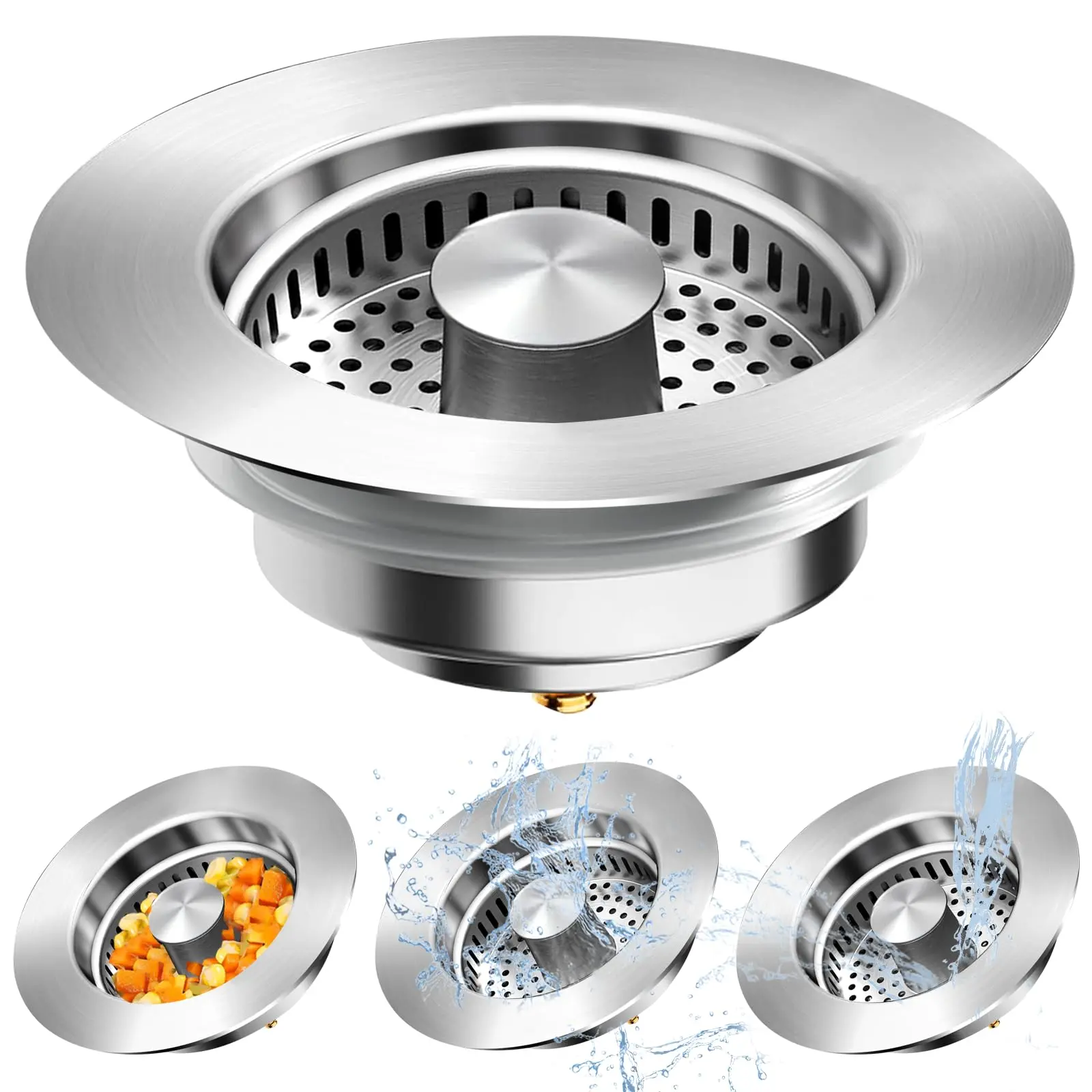 3 in 1 Kitchen Sink Drain Strainer, StainlessSteel Sink Stopper, Anti-clogging DrainageOdor Filter Sink Plug for US Standard 3 1/2 InchDrain, Home Goods