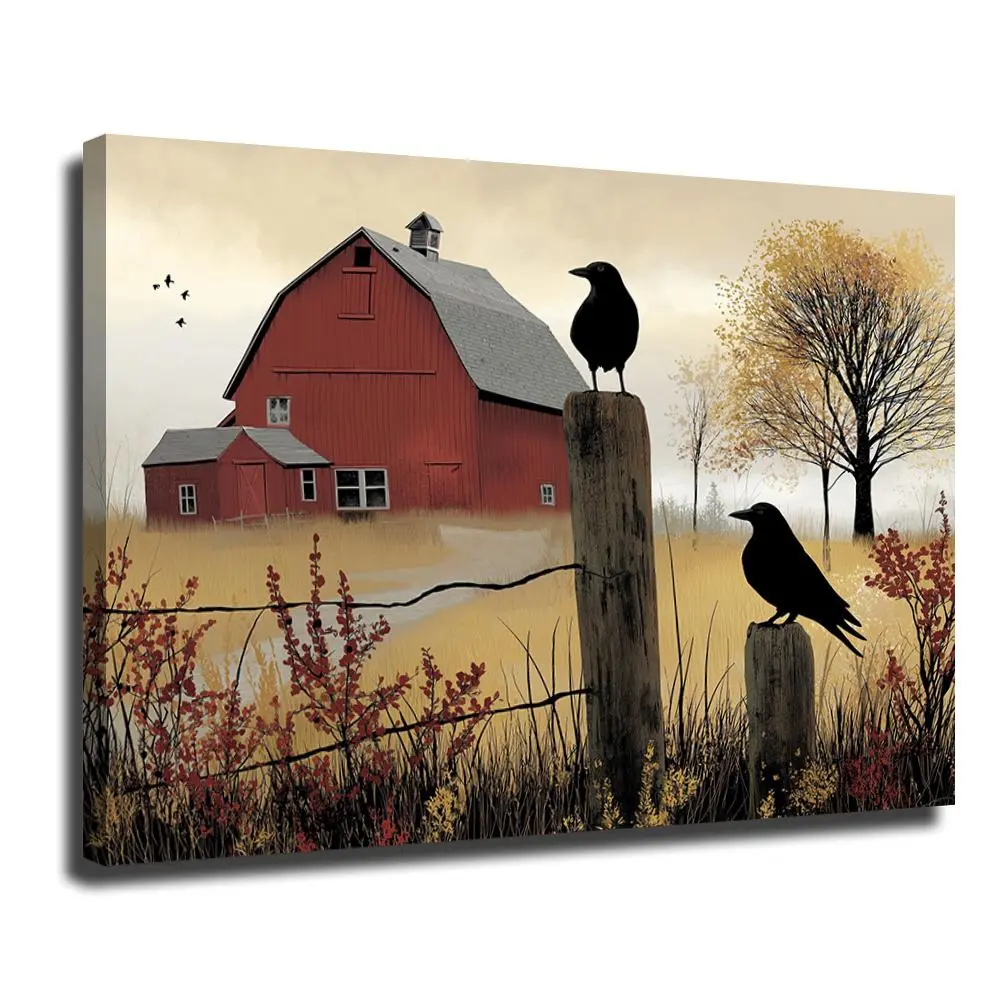 Rustic Barn with Ravens Autumn Farmhouse Wall Decor for Living Room Bedroom Gallery Wrapped Canvas Prints Farmhouse Style Home Decor