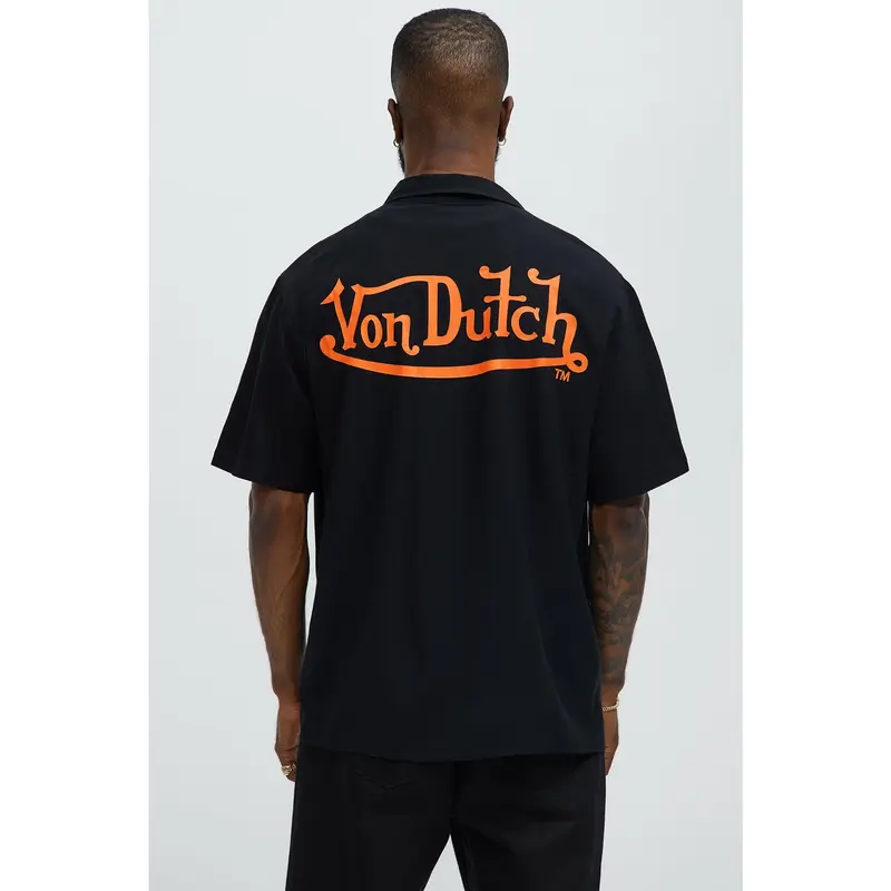 Von Dutch Front And Back Graphic Short Sleeve Button Up Shirt - Black