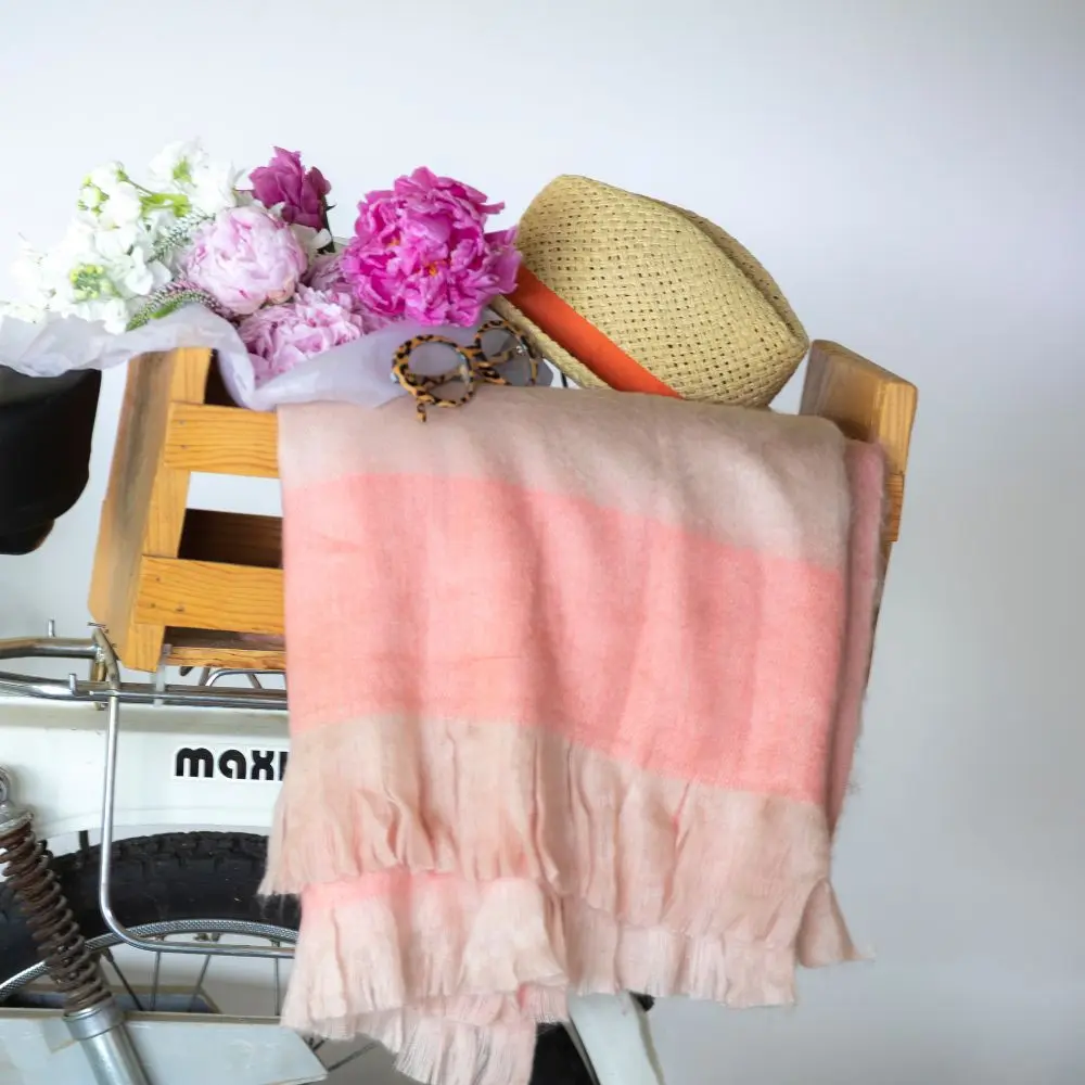 Handwoven Alpaca Throw Blanket From Ecuador - Faded Coral with Eyelash Trim - Kallpa Collection