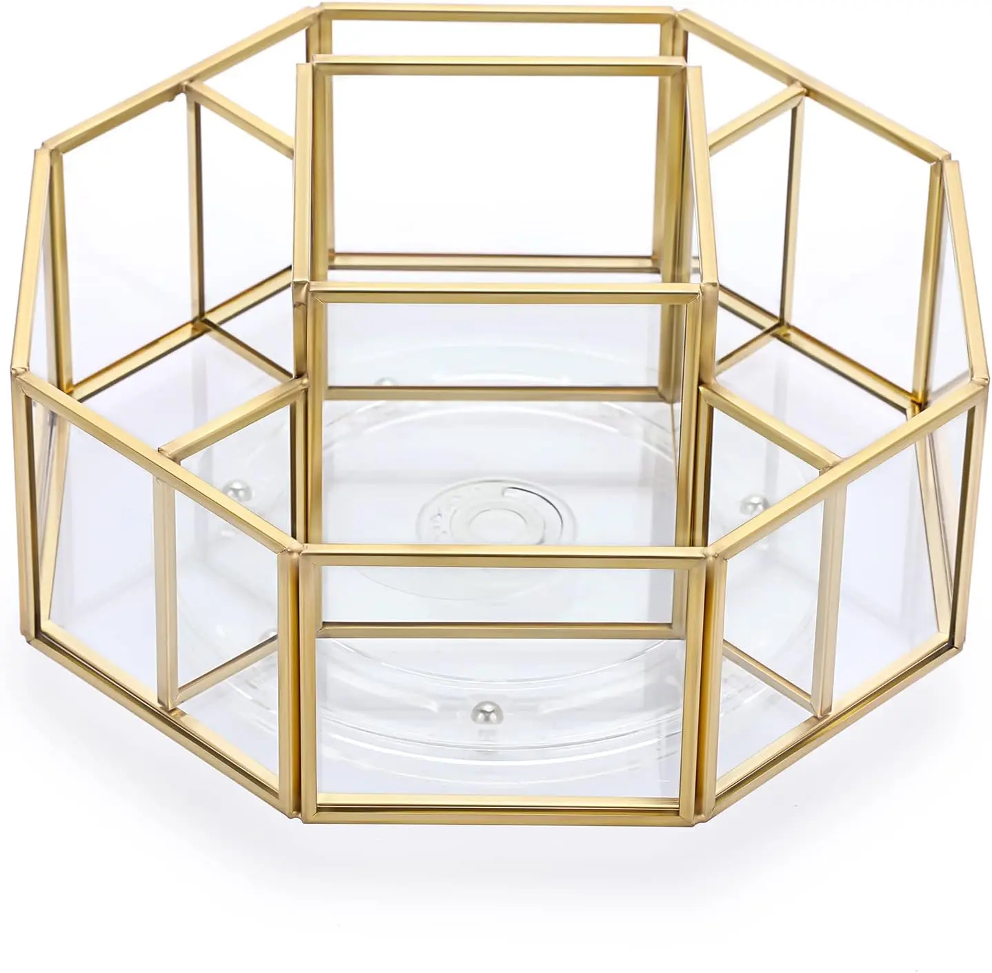 5-Slot Transparent Glass Makeup Organizer - Metal 360-Rotating 5-Trays Storage Holder, Octagon Vanity Organizer for Dresser, Makeup Storage for Brushes, Lipsticks, Perfume, Ideal Anniversary Gifts
