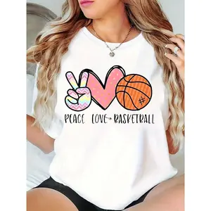 Women's Peace Love Basketball Graphic T-Shirt - Chevron Peace Sign, Polka Dot Heart & Basketball Print, Casual Short Sleeve Tee for Basketball Enthusiasts, Daily & Sports Occasions