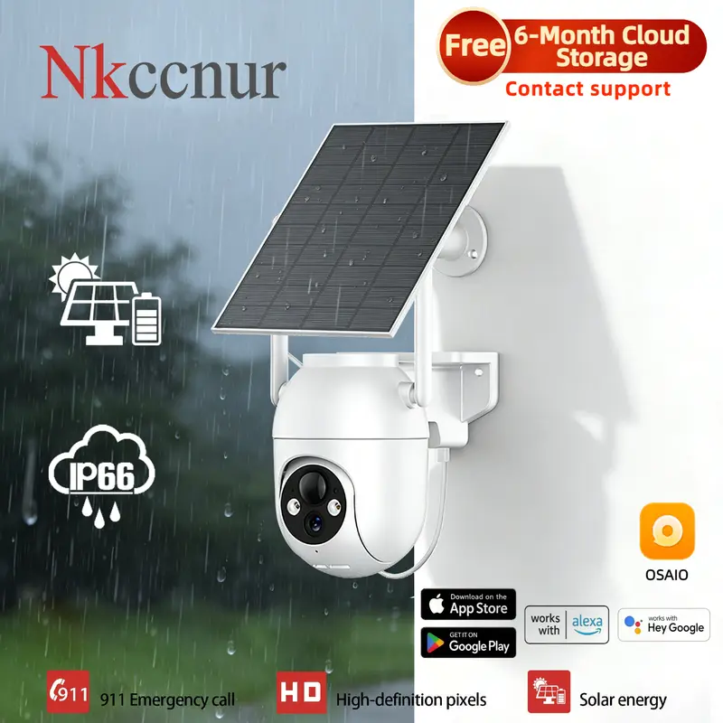 NKCCNUR Solar Panel Wireless WiFi PTZ Outdoor CCTV System - 480p HD IP66 Rainproof Security Camera, AI Motion Sensor, 2-Way Audio, Night Vision, Local Surveillance, PTZ Control, Batteries, Smart Home Camera, Local Delivery