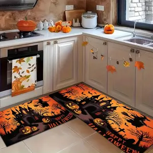 A Full Moon Mysterious Dark Gothic Castle Kitchen Floor Mats 2 Pieces Set for Halloween Decor, Water Absorbent Non-slip, Suitable for Kitchen, Home, Office, Sink, Laundry, Bathroom, Modern Home Decor, Room Decoration, Home Decorative Rug