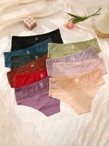 Women's Lace Underwear Panties Set, Soft Fit Panty, Soft Breathable Ice Silk Fabric, Comfortable Daily Wear, Fit, Perfect for All Seasons, Pack of 10