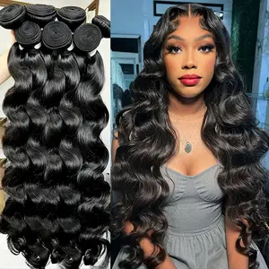 Odbe Hair Natural Black Body Wave 12A Brazilian Remy Human Hair Bundles 16"-30" Double Drawn Unprocessed Long Weave Extensions Sew In 3/4 Bundles for Women