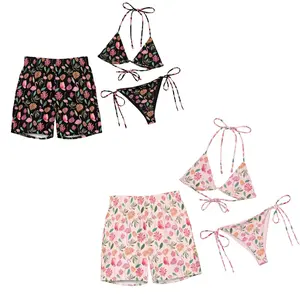 Flamingo Matching Couple Swimwear Set, Tropical Floral Bikini & Board Shorts for Him & Her, Perfect Couple Gift