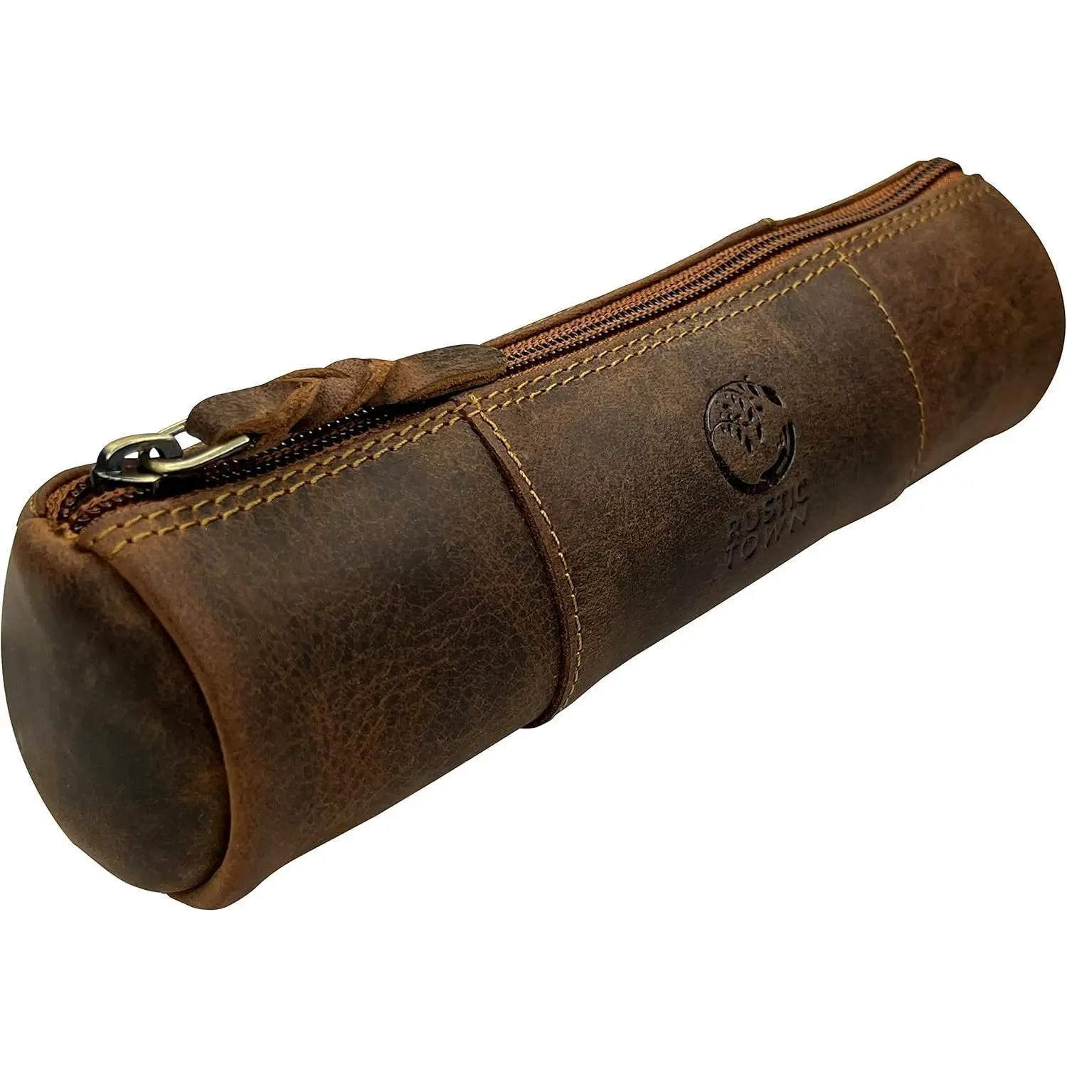 Vintage Retro Full Grain Leather Pencil Case - Durable Zippered Stationery Holder, Wide Open View, Holds Over 30 Pens, Home Office Work Storage Organizer 147147