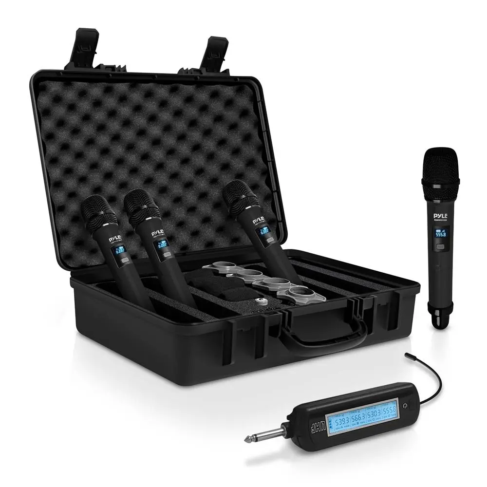 4-Channel UHF Wireless Microphone System with USB Receiver, Adjustable Rubber Connector, Plastic Components, Radio Transmission, Cable-Free Design, Noise Reduction, Charging Function, Micro USB, Alkaline Batteries for Audio Recording, Podcast Setup, Lock,