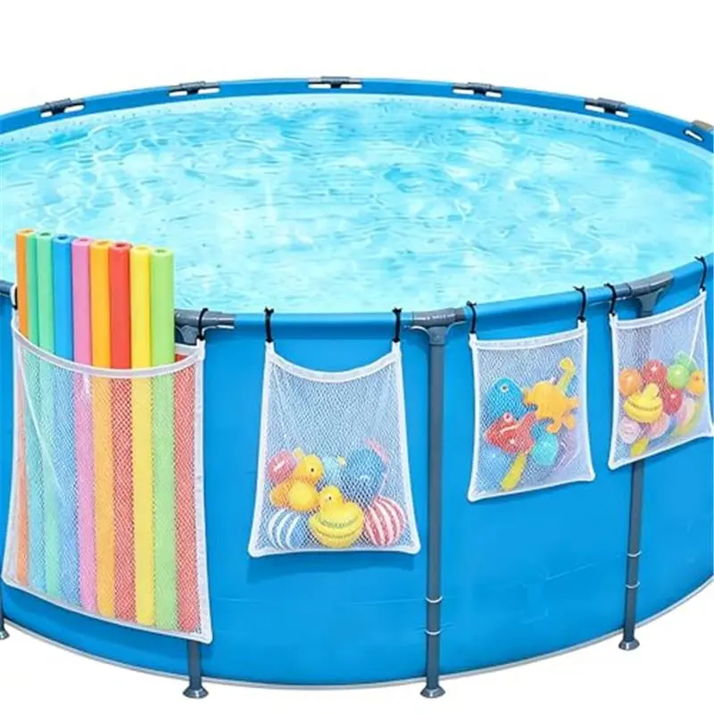 4 Pcs Poolside Mesh Storage Bags with Adjustable Zip Ties, Above Ground Pool Float Holder Pool Toy Storage Net Pool Float Storage Hanging Organizers for Pool Toys, Pool Noodles, Floats, Beach Balls