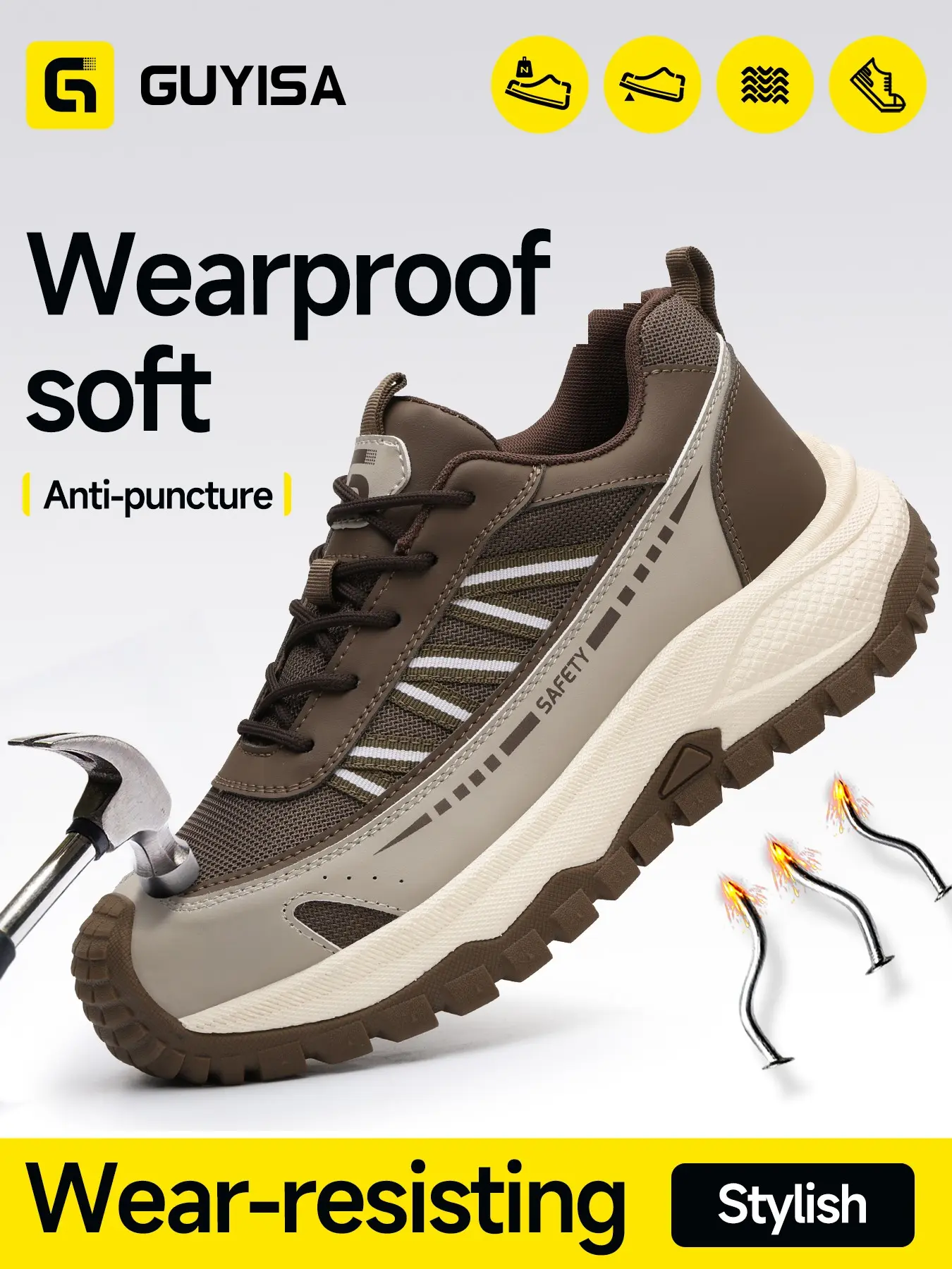 Guyisa New Safety Shoes, Casual Style, Anti-Compression, Anti-Puncture, Slip-Resistant, Steel Toe, Kevlar Bottom, Md Sole, All Seasons, Work, Work Boot, Safety Work Footwear