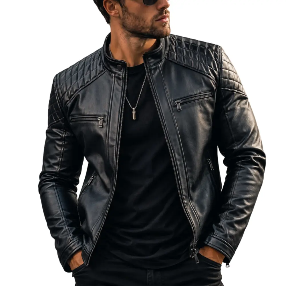 Gihuo Men's Stylish Solid Stand-Up Collar Long Sleeve Zip-Up Motorcycle Leather Jacket - Windproof Menswear Tops Clothes for Casual Pilot Outfits