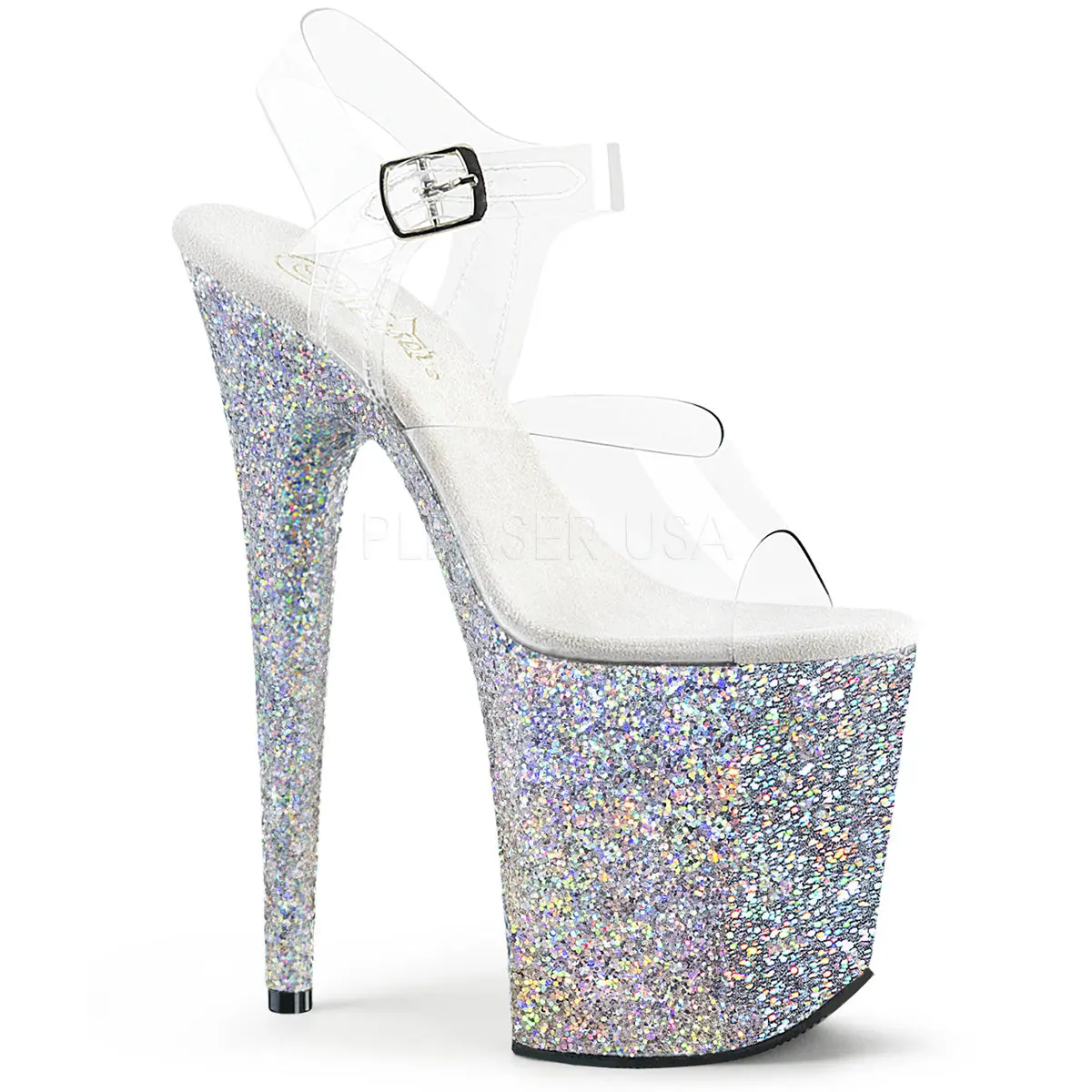 Elegant Women's 8-Inch Stiletto Heels with 4-Inch Silver Glitter Platform, Stylish Open Toe Sandals with Adjustable Transparent Ankle Strap