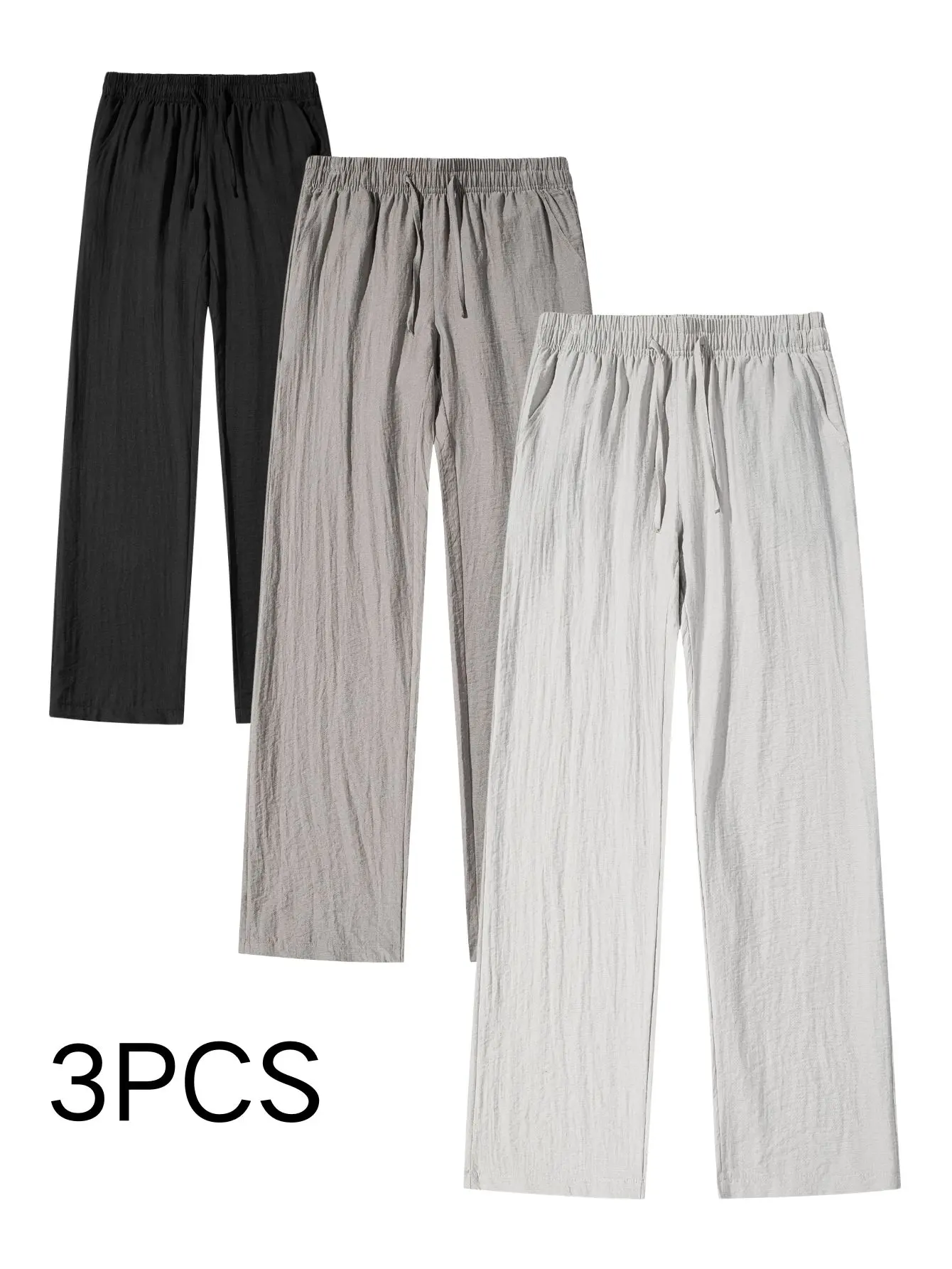 3-Pack Drawstring Elastic Waist Textured Straight-Leg Pants Spring/Summer Lightweight Crinkled Breathable Loose Commuter Casual Full-Length Pants
