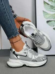 Women's Breathable Mesh Silver Color Chunky Sole Height Increasing Sports Shoes, Comfortable Lace-Up Sneakers for Daily Wear
