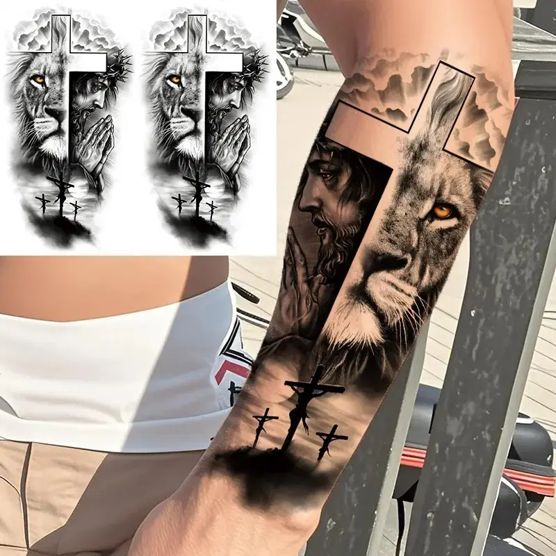 2 sheets Dark style waterproof forest lion Jesus cross temporary tattoo stickers,fake tattoos,long-lasting 4-5 days and realistic Halloween Body Art art,suitable for men and women's arm and leg tattoos,creating a unique style, Ephemeral tattoos