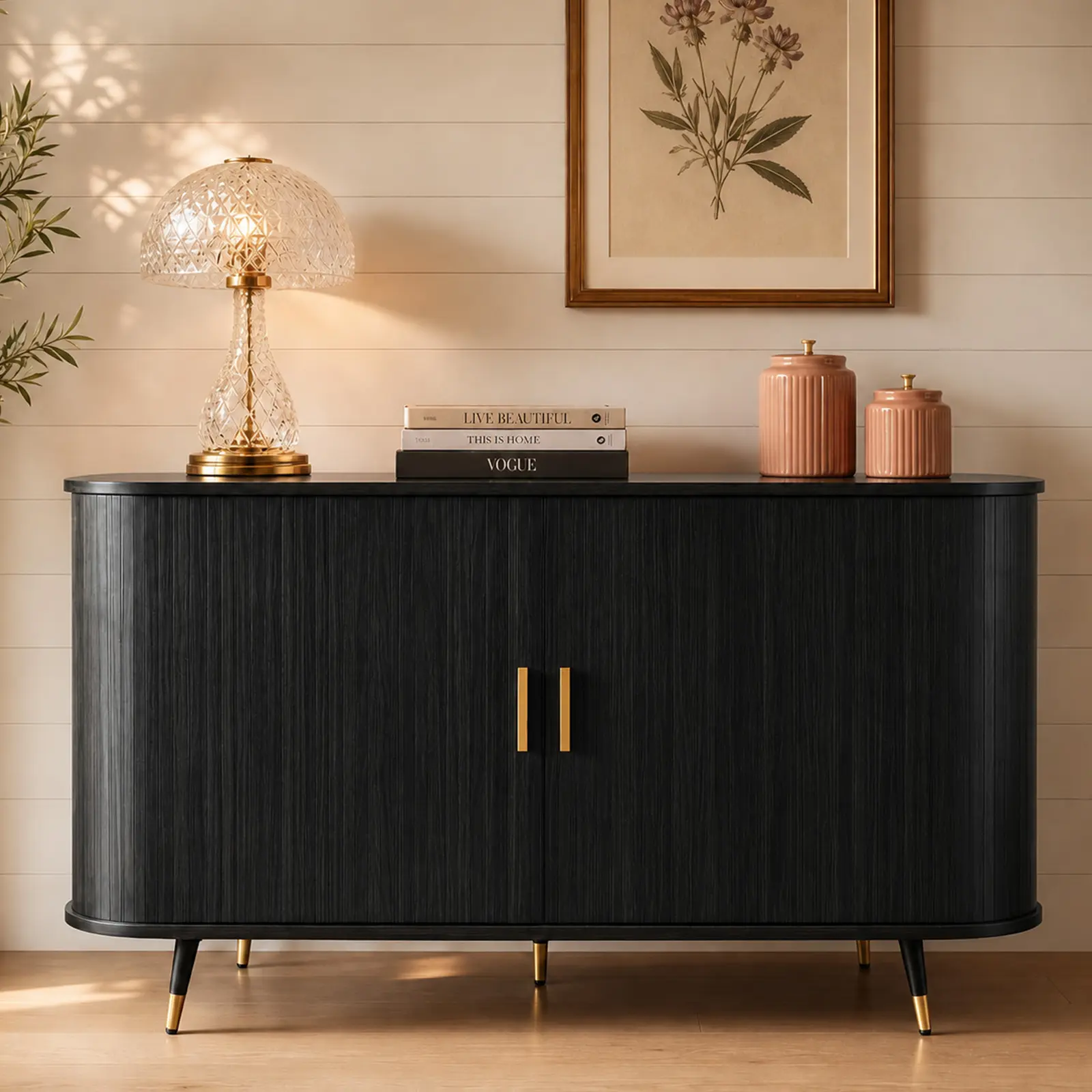 55.1'' Modern Credenza Storage Cabinet - Wood Side Cabinet with Sliding Tambour Doors, Adjustable Shelves for Living Room, Bedroom, Credenza Living Room