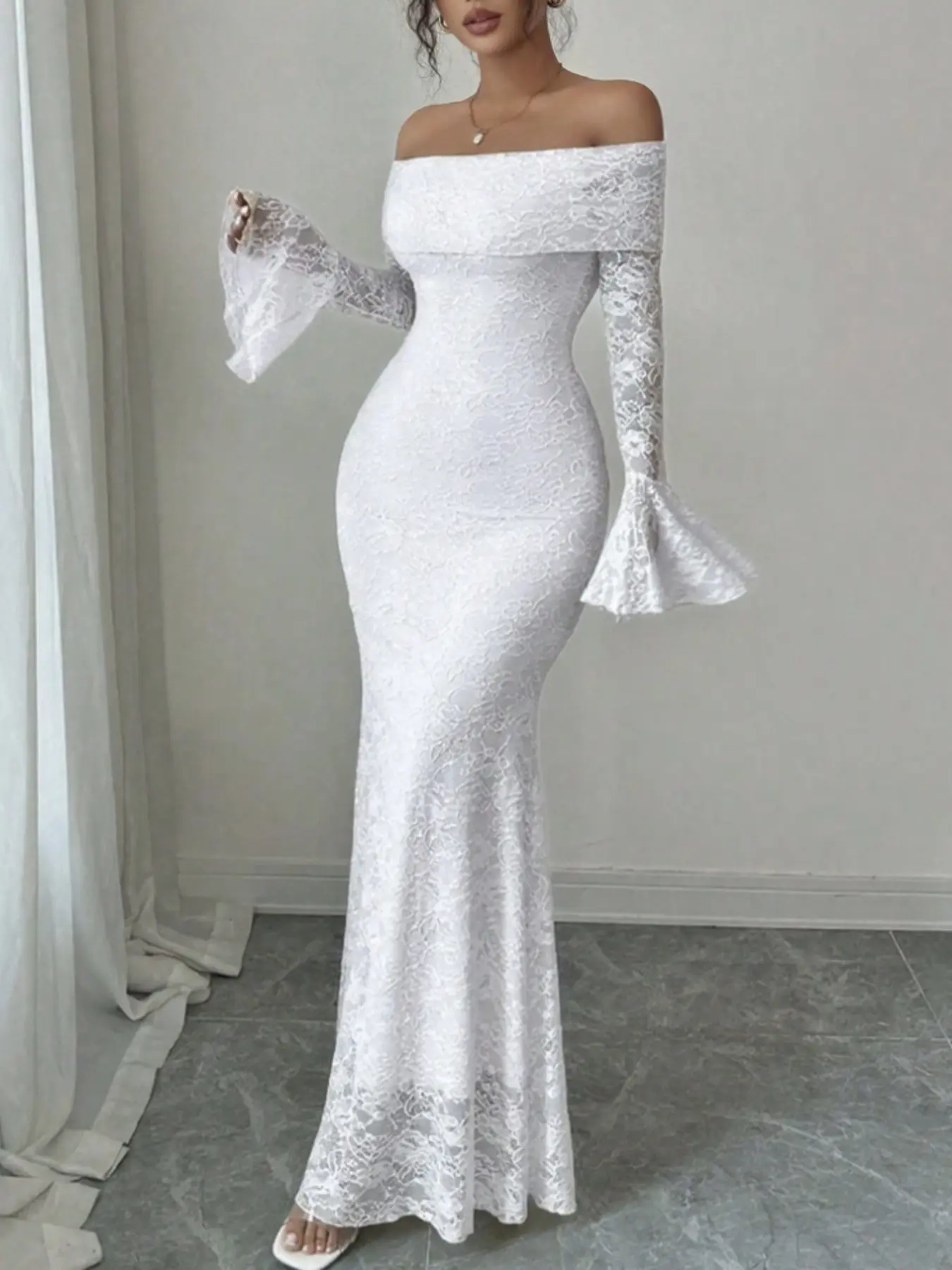 Women's One Shoulder Flare Sleeve Bodycon Long Dress, Floral Lace Mermaid Tail Skirt, Long Sleeve, Elegant Feminine Party Wear, Formal Wear, Summer Fashion, Elegance - TikTok Shop Women's One Shoulder Flare Sleeve Bodycon Long Dress, Floral Lace Mermaid Tail Skirt, Long Sleeve, Elegant Feminine Party Wear, Formal Wear, Summer Fashion, Elegance - TikTok Shop