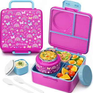 Fimibuke Leakproof Bento Lunch Box with Thermos Jar, BPA Free with 8.5oz Insulated Thermos Food Jar, Utensils & Sauce Jar, 3 or 4 Compartment Container for School dealsforyoudays