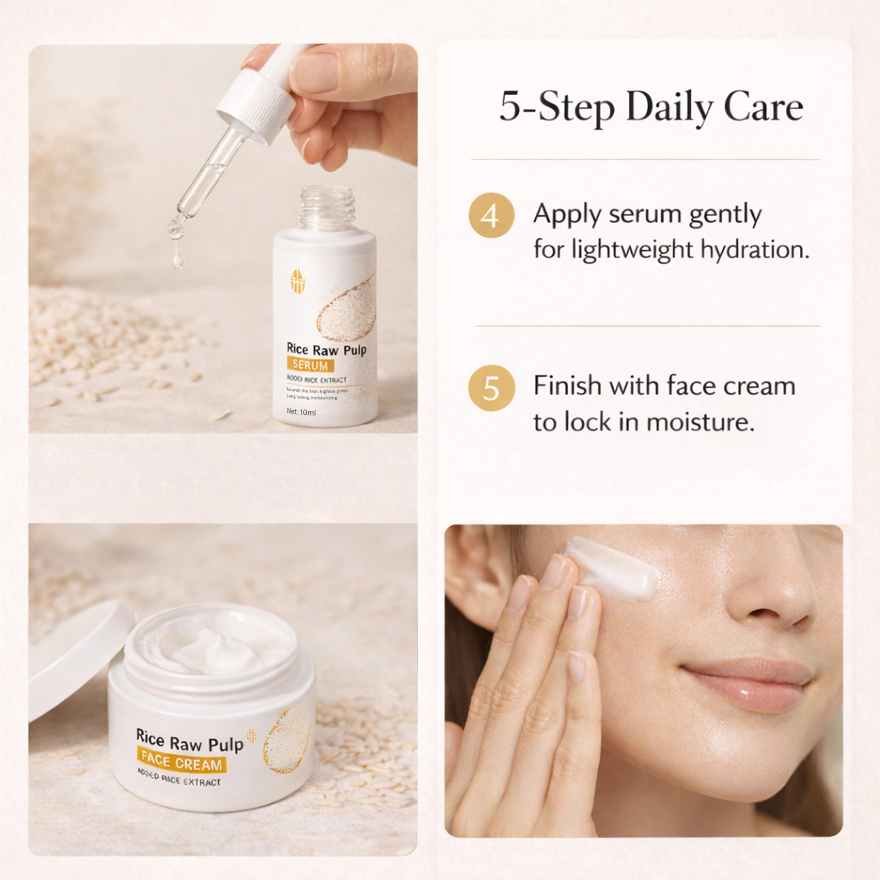 【Mother's Day gift】Rice Skincare Travel 5-Piece Set, Rice Extract Cleanser Toner Serum Lotion Face Cream, Daily Hydration Gentle Care Starter Set