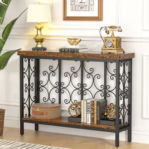 Console Table, 42.5" Industrial Narrow Sofa Table Behind Couch with 2 Tier Storage Shelf, Entryway Hallway Accent Table for Living Room, Foyer, Rustic Brown