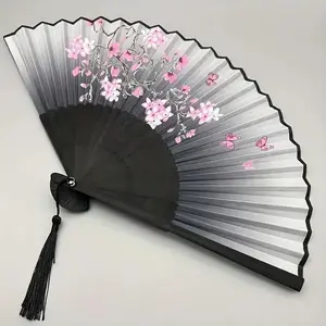 Cherry Blossom Pattern Hand Fan, Folding Fan, Vintage Style Handheld Fan with Tassel, Traditional Chinese Dance Accessories, Portable Fan for Women, Decor