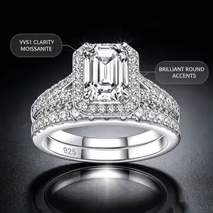 S925 Sterling Silver Hypoallergenic 2CT Emerald Cut Halo Moissanite Bridal queen Ring Set Elegant Engagement Promise wedding Ring Set