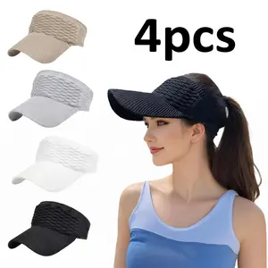 4Pcs Women High Ponytail Open Top Sun Visor Hat, That Girl Aesthetic Breathable Knit UV Protection Wide Brim Cap, Multi-Color Lightweight Windproof Empty Top Summer Hat, Perfect Gift for Women, Ideal for Golf Beach Running Hiking Travel Pool Daily Outdoor