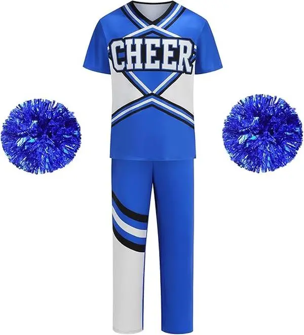 Men's Cheerleader Costume 3PCS Set Adult Cheer Uniform Halloween Party Cosplay Outfit with Pom Poms