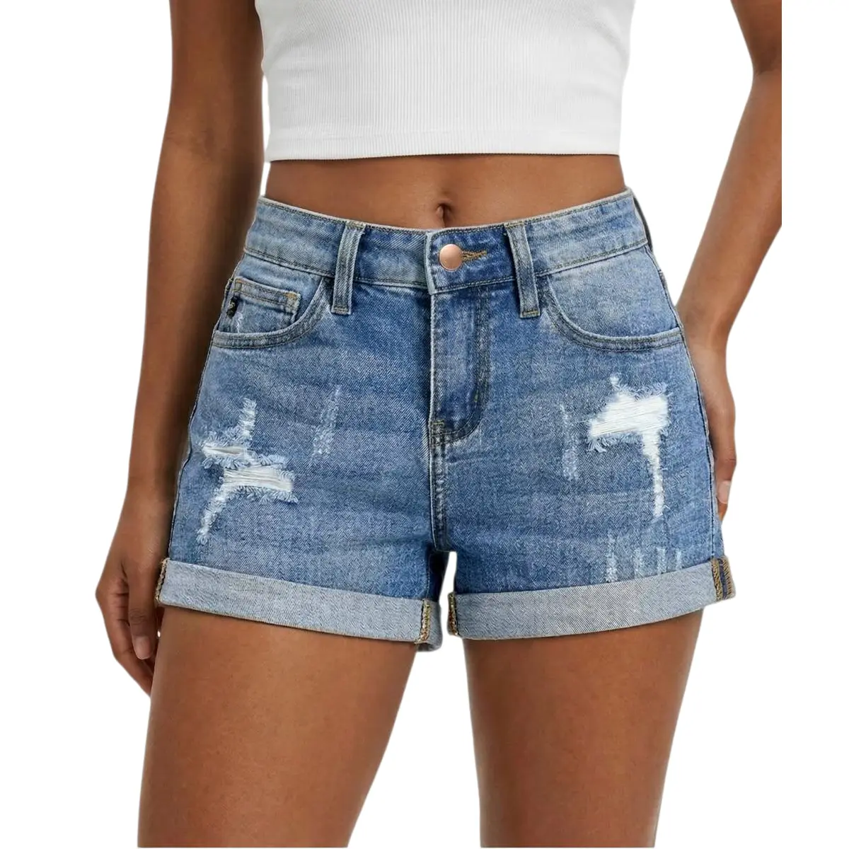 Women's Ripped Denim Shorts Mid Rise Distressed Stretchy Short Jeans GPS2001 Cuffed Hem Tummy Control Comfort Shorts Casual Basic Bottom Womenswear