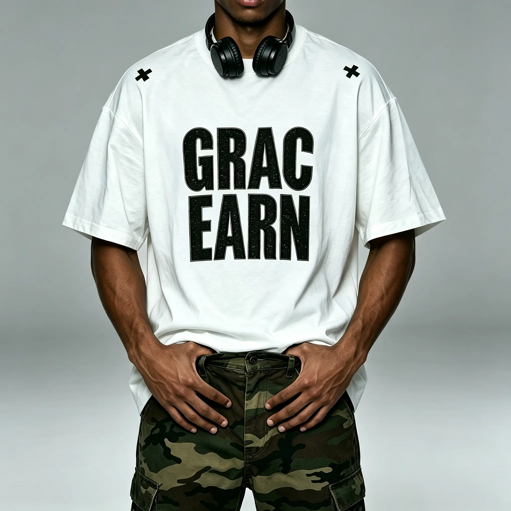 Men's Oversized Cotton Short-Sleeve T-Shirt, GRACE EARN Glitter Sparkle Letter Print, Cross Shoulder Detail, Loose Crew Neck Menswear Garment, Hip Hop Streetwear Casual Top