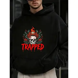Men's 3D Printed Skull Flame & Gothic Hooded Sweatshirt - Heavy-Duty TRAPPED Lettering & Barbed Wire-Like Smoke Design, 50% Cotton/Cotton Blend, Casual Long Sleeve for Edgy Streetwear & Gothic Outfits (Ships from USA)
