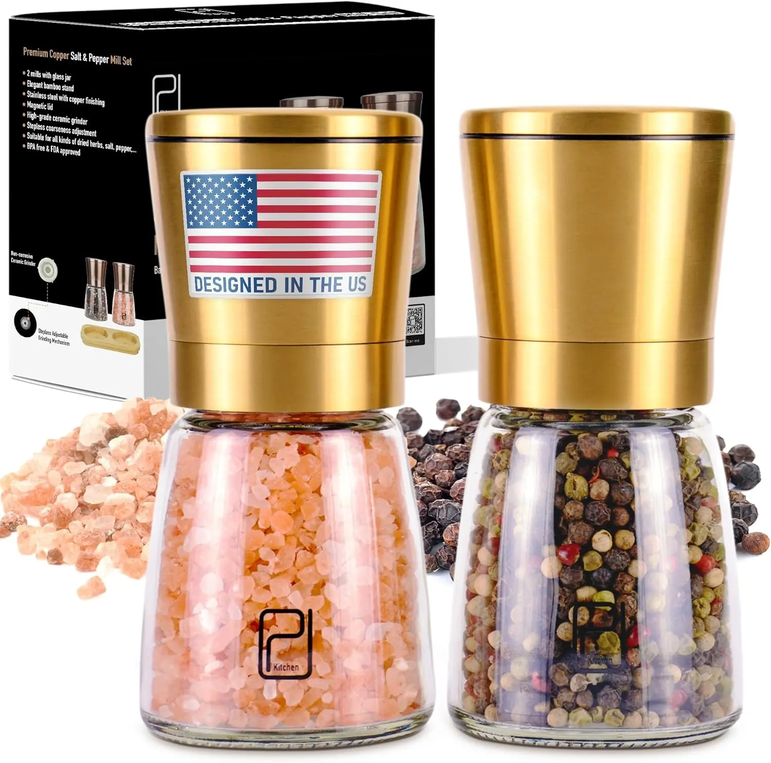 PJC-Kitchen Gold Salt and Pepper Grinder Set - Premium Golden Stainless Steel Refillable Spice Mills 5oz with Stepless Adjustable Ceramic Grinder - Manual Salt and Pepper Shakers