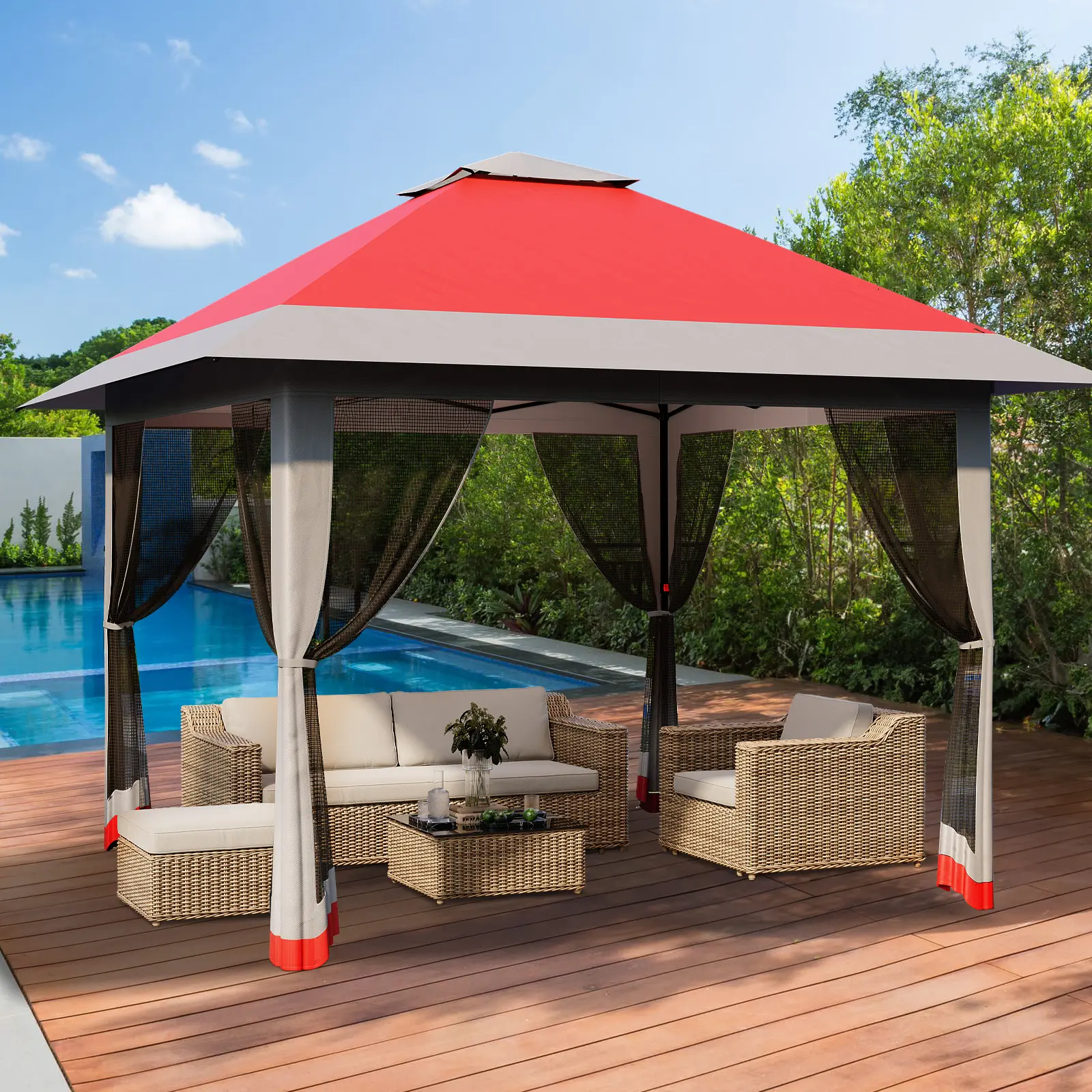 13x13FT Sturdy Stable Pop Up Gazebo with Mosquito Net, Double Roof UV-Waterproof All Weather Canopy Patio Shelter for Backyard, Lawn, Park