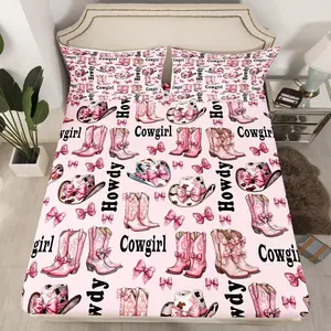 Western Cowgirl Bed Sheet Set,Princess Bowknot Kawaii Pink Bow-tie Sheet Set,Deep Pocket(No Flat Sheet),Rustic Cowhide Print Cowgirl Boots Cap Mattress Cover