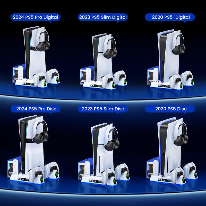 ESYWEN PS5 Pro/Slim/PS5 Stand and Cooling Station with Controller Charging Dock for Playstation 5 Disc Digital, PS5 Accessories Kit Incl. 3 Levels 2.36in Cooling Fan, 11 Game Slot, USB, LED, Headset Holder