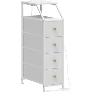 Narrow Dresser Tall Skinny Storage Tower Vertical Slim Chest of Drawers with Charging Station Small Nightstand Side Table for Bedroom, Bathroom, Small Spaces (White, 4 Drawers)