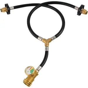 Two Way POL&QCC Y Splitter Hose with Gauge to Connects 5-100lbs Propane Tank for Grill, Heater, Fire Pit, Fireplaces