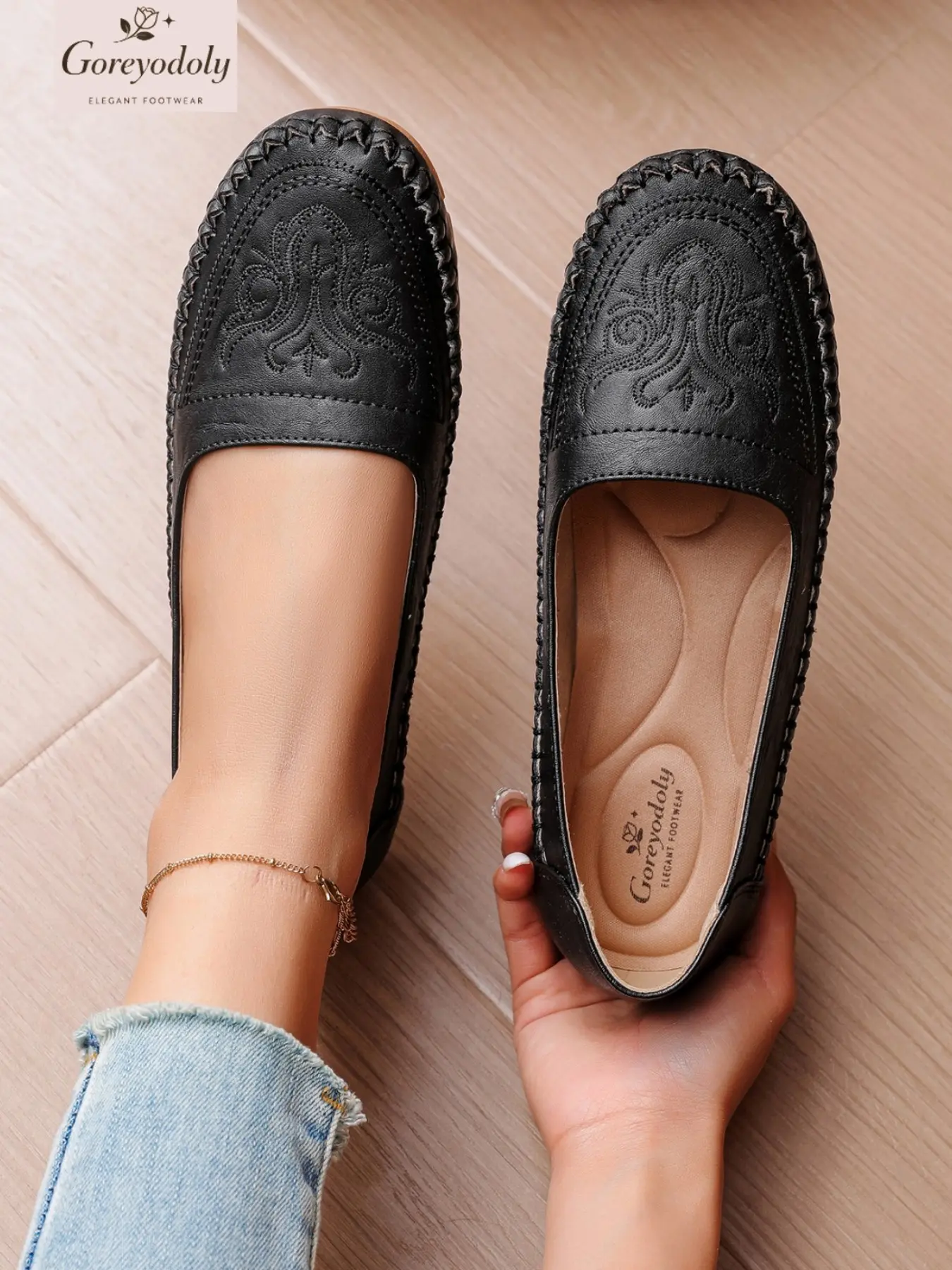 Goreyodoly women loafers embossed design slip on casual flats, Casual Flat Footwear, soft sole comfortable lightweight breathable daily walking shoes versatile commuting shopping travel home wear gift for women
