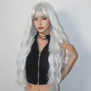 2025 NEW Wholesale 30 Inch Long Silvery White Curly Hair With Bangs,synthetic Fiber Wig, Suitable For Women's Suitable For Daily Use, Halloween, Holiday Gatherings, Cosplay Wear 1663313858
