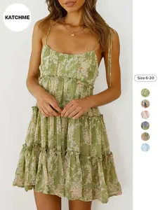 Women's Summer Boho Adjustable Straps Floral Print Ruched Mini Dress, Stylish and Comfortable, Perfect for Casual, Womenswear, Bohemian