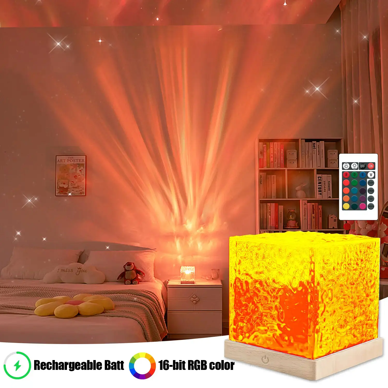 Rechargeable Shower Light No Wiring, 16 Color Changeable Ocean Wave Projector Light, Dimmable Waterproof Shower Lamp with Remote, Rotating Flame Water Ripple Lamp for Shower, Bathroom, Bedroom Decor,sohochic