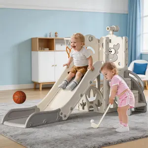 BIERUM 6-in-1 Toddler Slide for Ages 1-3 – L-Shaped Indoor Outdoor Baby Playset with Basketball Hoop, Golf Game & Telescope, Kids Slide Climber