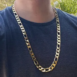 1pc 12mm Golden plated Heavy Figaro Chain For Men, Hip hop Classic Men Necklace Clavicle Jewelry 24inch