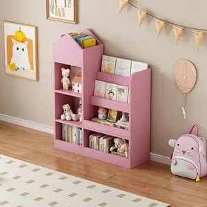 Pink Kids Wooden Bookshelf Toy Storage Organizer with Bookcase, Kid's Bin Storage Unit with 6 Compartments 2 Baskets Bins Toys Box Organizer, Children Multi Shelf Cubby for Books, Toys Shelf,Stable, sturdy, and multifunctional