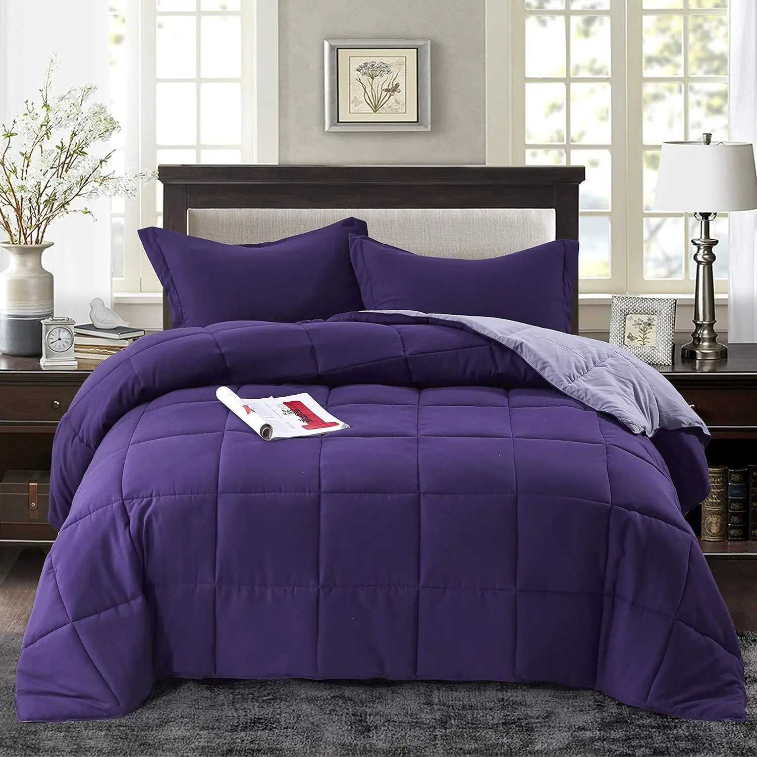 3-Piece Down Alternative Comforter Set - Quilted Look Duvet Insert with Corner Tabs, Box Stitching, Super Fluffy Shams - King/Cal King, Purple (Standard Size Compatible), Three Pieces
