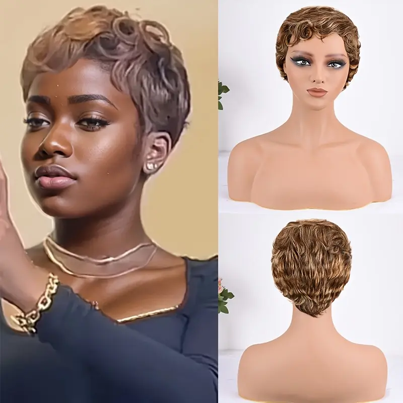 Women's 180% Density Human Hair Glueless Pixie Cut Wig - Honey Blonde with Brown Highlights, Body Wave, Layered Short, Rose Net Cap, Natural Looking Fashion Accessory, Glueless Hair Wigs